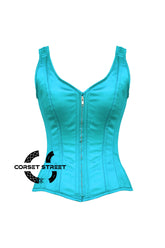 Baby Blue Satin Shoulder Strap Gothic Zipper Overbust Corset Bustier Costume